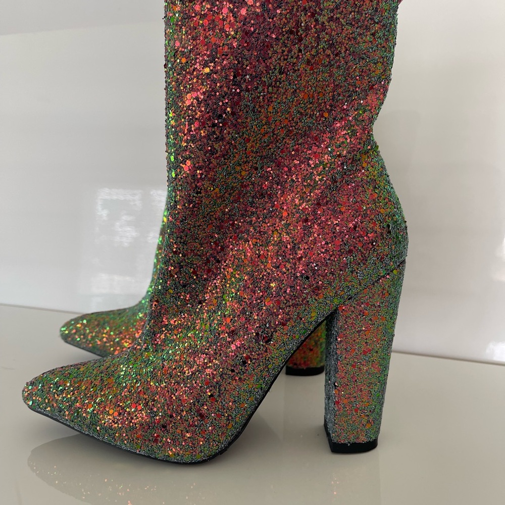Red and Green Glitter Heeled‎ Boots with Chunky Heel